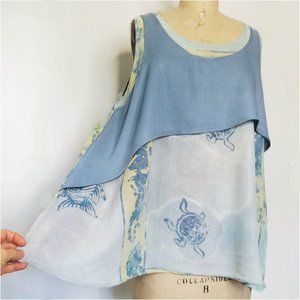 Las Manos Vintage Womens Lagenlook Top Shirt Sea Life Fish Seahorse Turtle